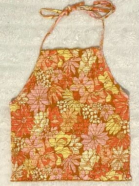 Billabong Floral Halter Crop Top in Coral, Yellow & Pink